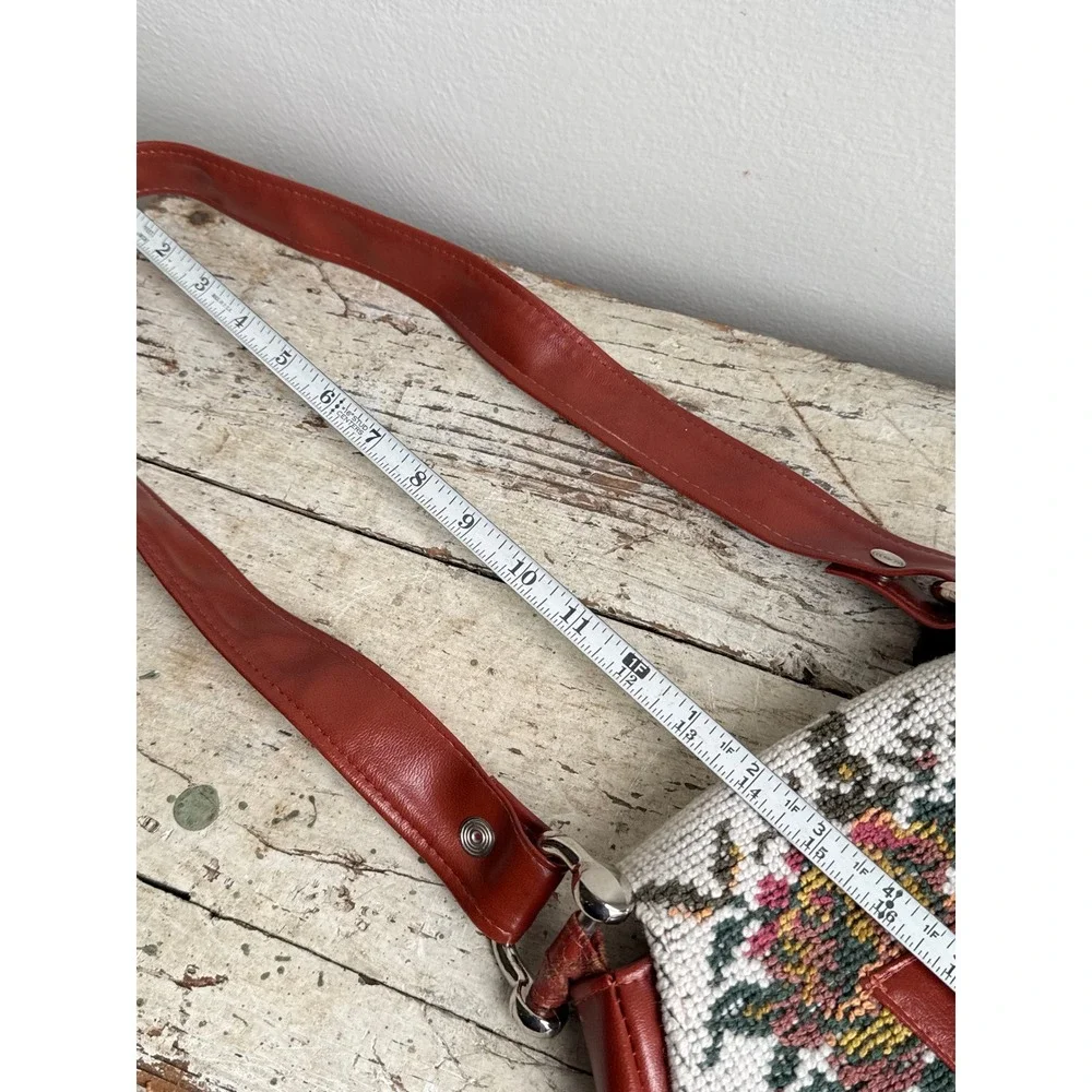 Vintage Floral Needlepoint Tapestry Crossbody Bag Rust Faux Leather Saddle Bag